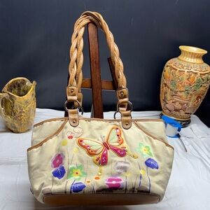 Floral Butterfly Embroidered Tan and Cream Shoulder Bag